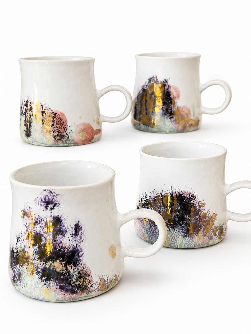 Anthropologie Hand -Painted Ceramic White Mug with Gold Accent - Set of 4